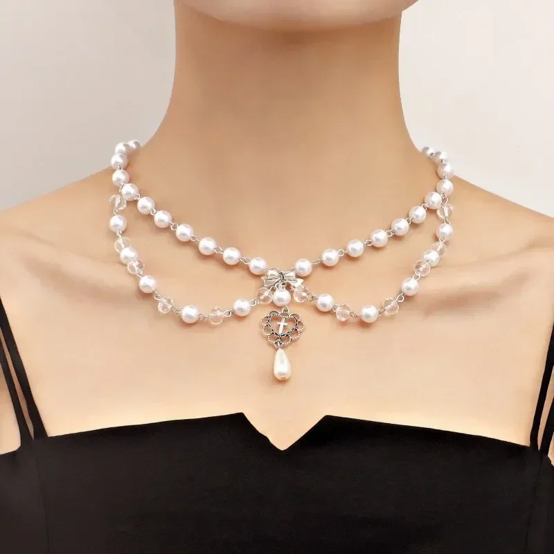 Punk Crosses Pendant Necklace  - Pearl Choker Necklace Vintage ulasan dan harga