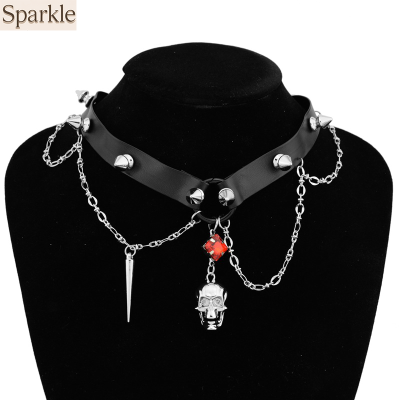 Dark Skull Leather Choker, Y2K - Goth Punk Spike Choker ulasan dan harga