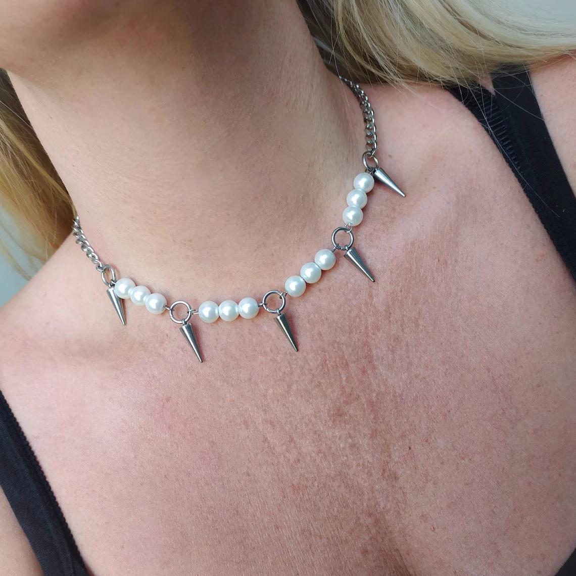 Egirl Pearl Spike Necklace DIY - Goth Punk Spike Choker ulasan dan harga