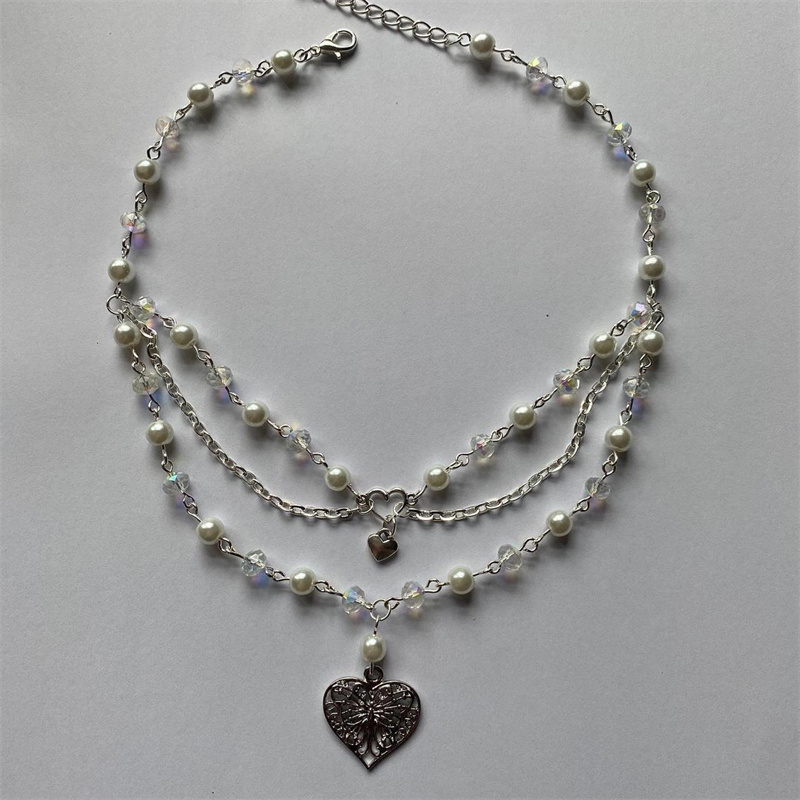 Butterfly Heart Pearls Necklac - Pearl Choker Necklace Vintage ulasan dan harga