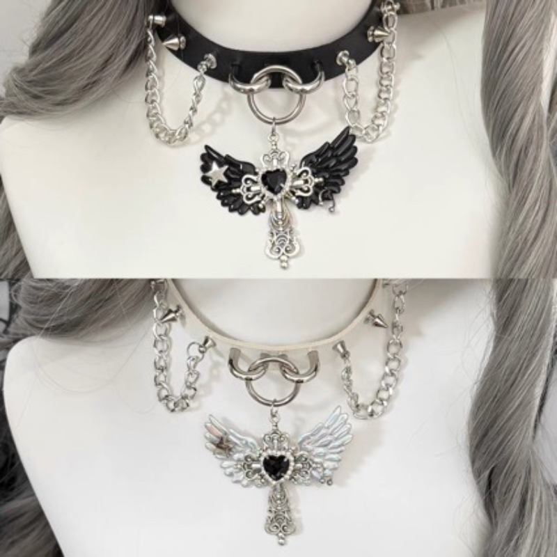 Gothic Subculture Angel Wing C - Layered Pendant Necklace Aesthetic ulasan dan harga