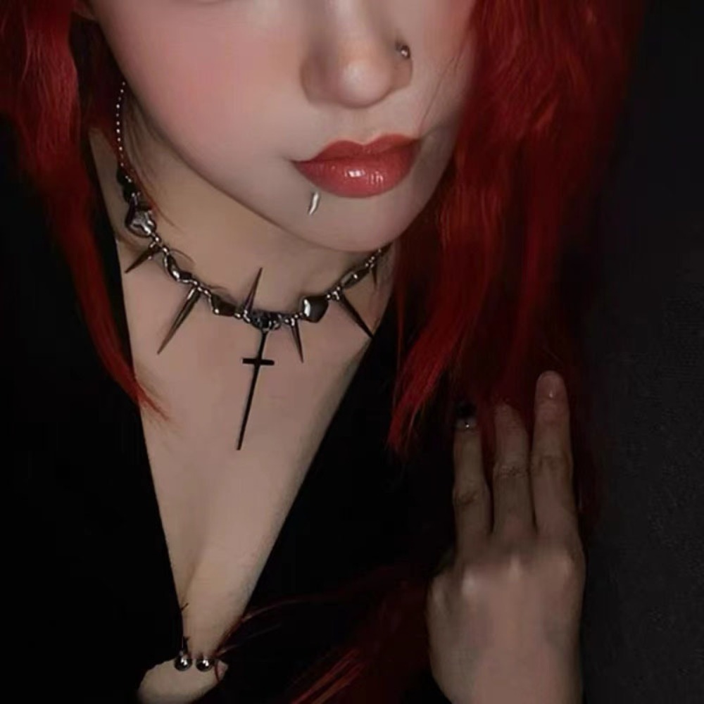 Y2k Subculture Spike Cross Riv - Goth Punk Spike Choker ulasan dan harga