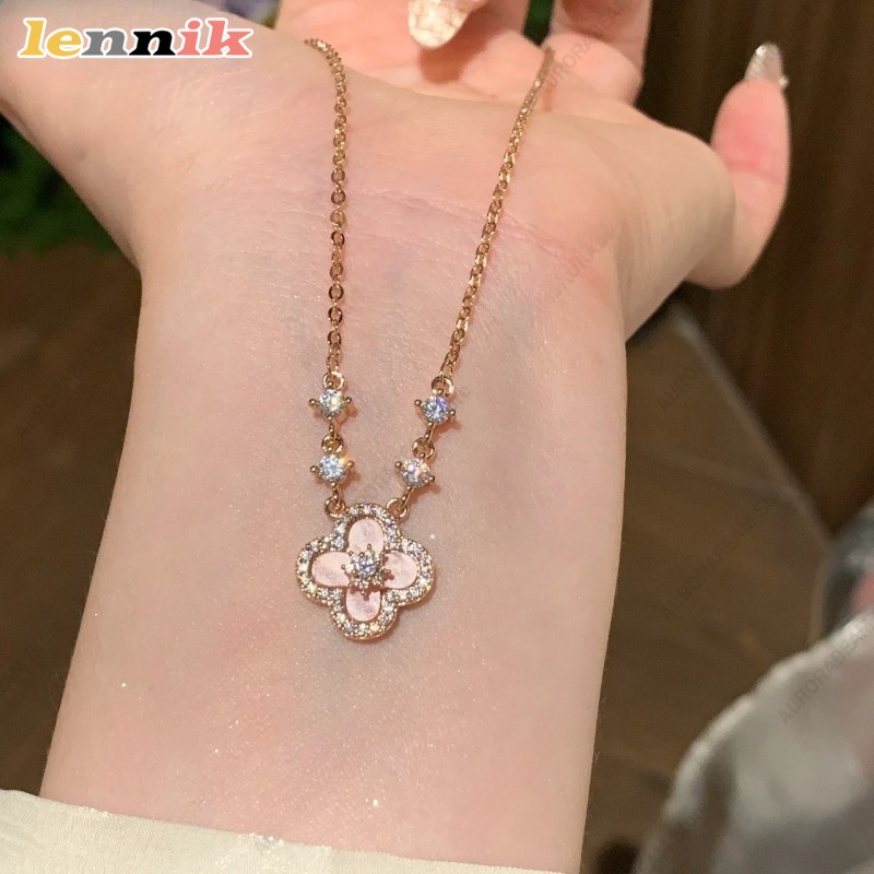 Pink Shell Necklace, Four Leaf - Layered Pendant Necklace Aesthetic ulasan dan harga